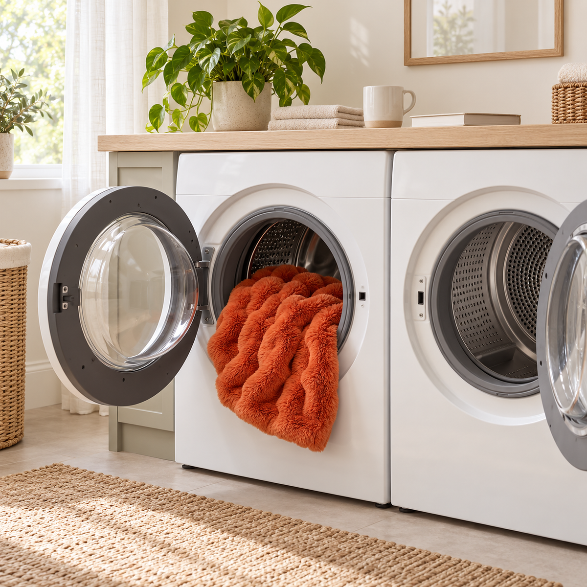 Vimarel burned orange soft throw blanket ready for a cold gentle machine wash in a bright utility room