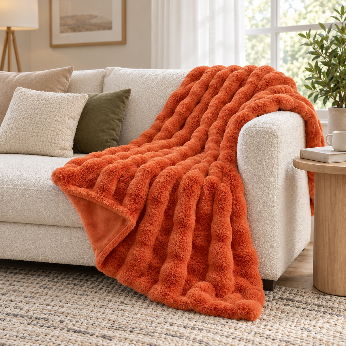 Vimarel burned orange throw blanket for couch draped over an ivory sofa arm