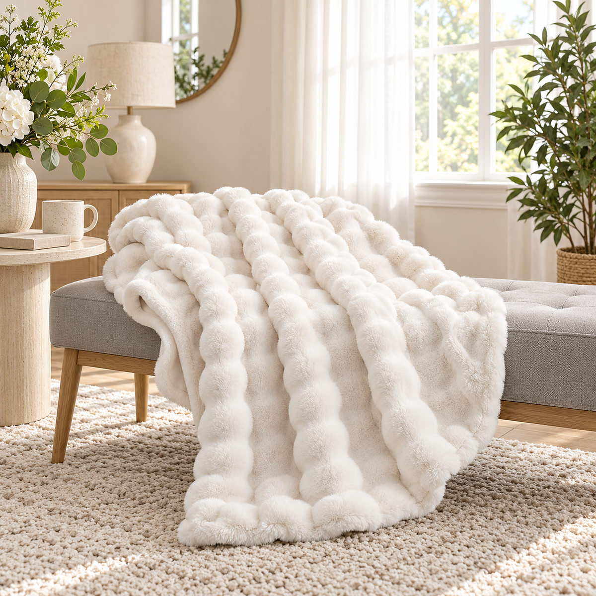 Vimarel cream white fleece throw blanket loosely folded on a light gray bench in an entry alcove #color_cream white