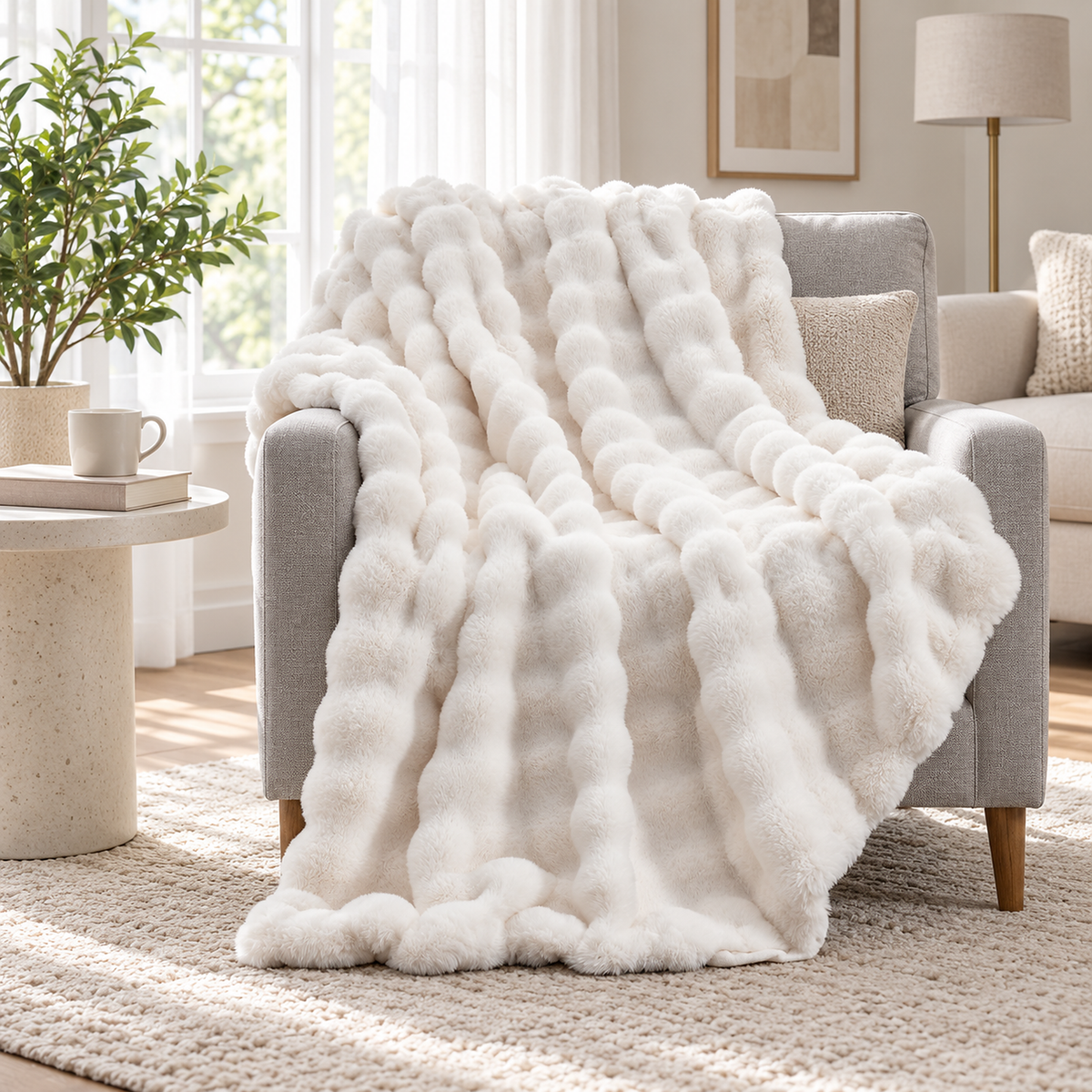 Vimarel cream white soft throw blanket draped over a light gray armchair #color_cream white