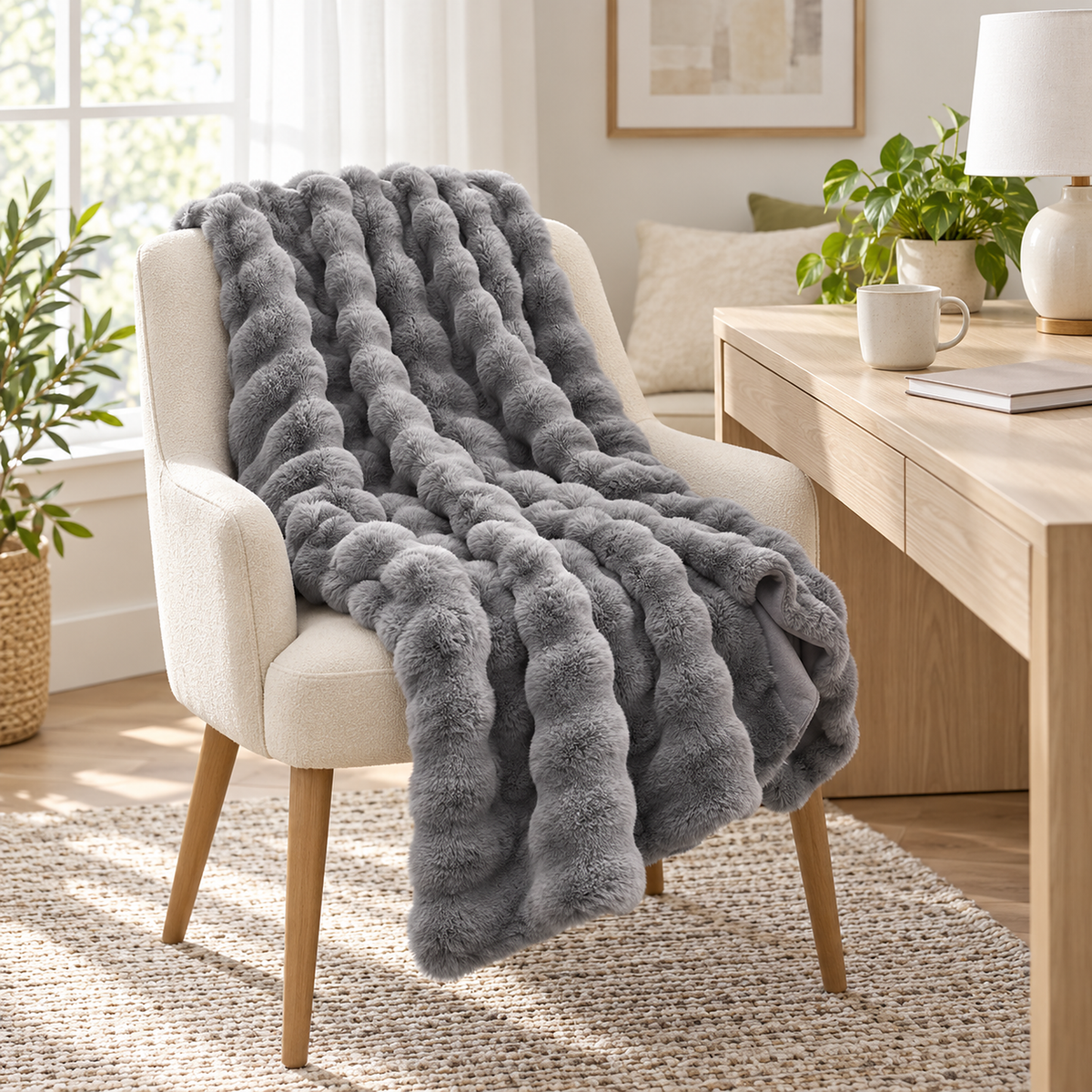 Vimarel gray soft throw blanket gathered on a writing chair seat ready for lap use #color_gray