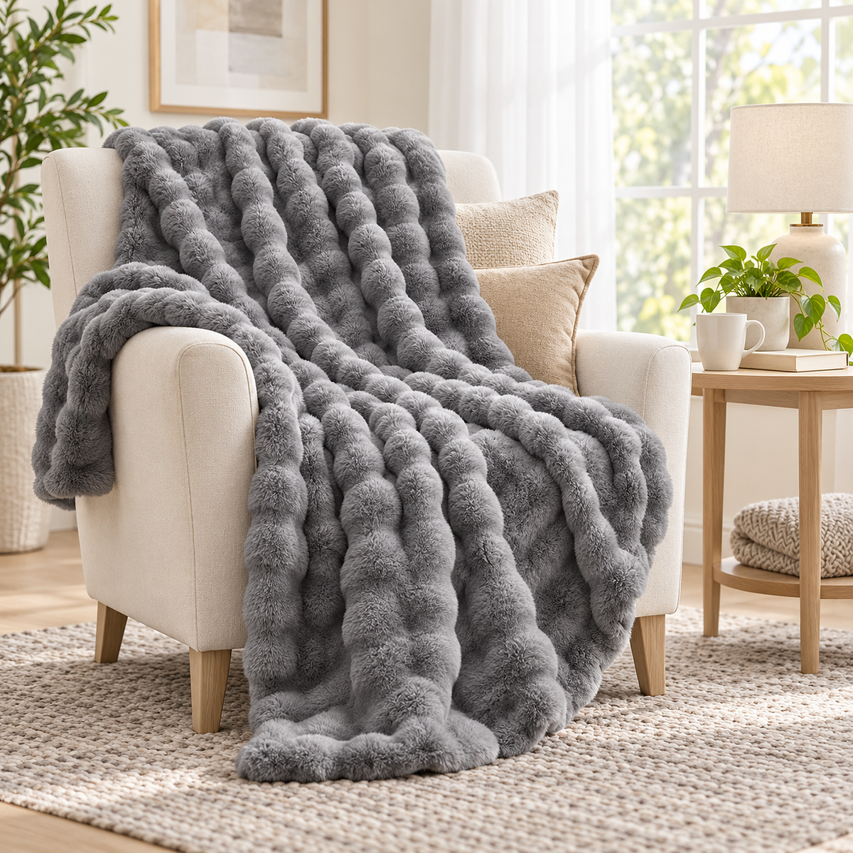 Vimarel gray throw blanket for couch draped over an ivory lounge armchair #color_gray