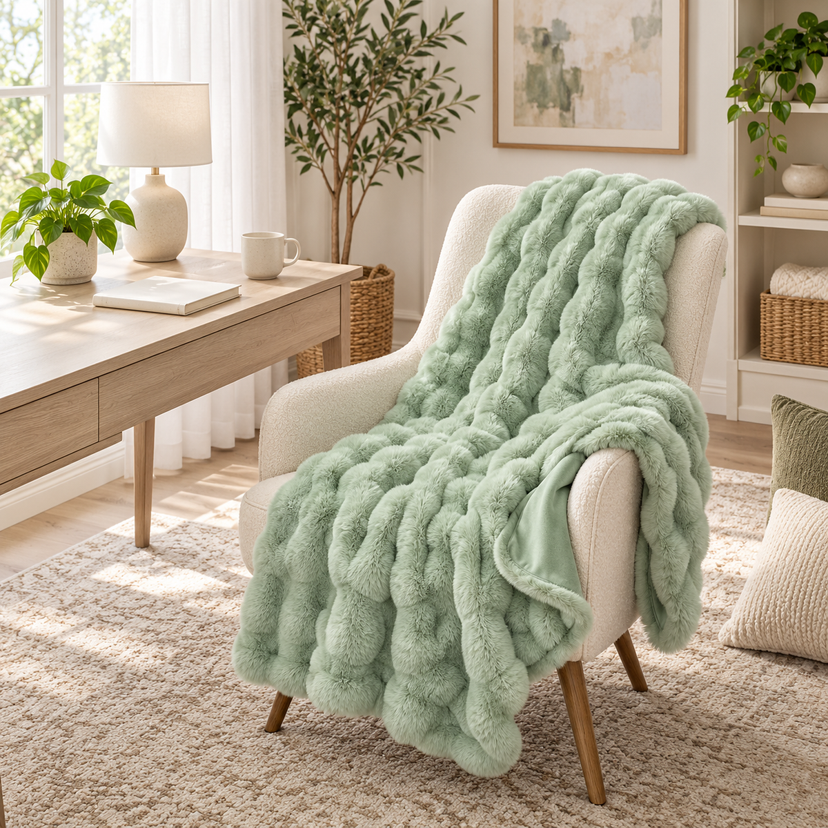 Vimarel green soft throw blanket gathered on a chair seat ready for lap use beside a desk #color_green