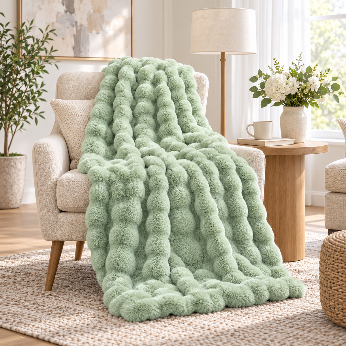 Vimarel green throw blanket for couch draped over an ivory accent chair in a sitting alcove #color_green