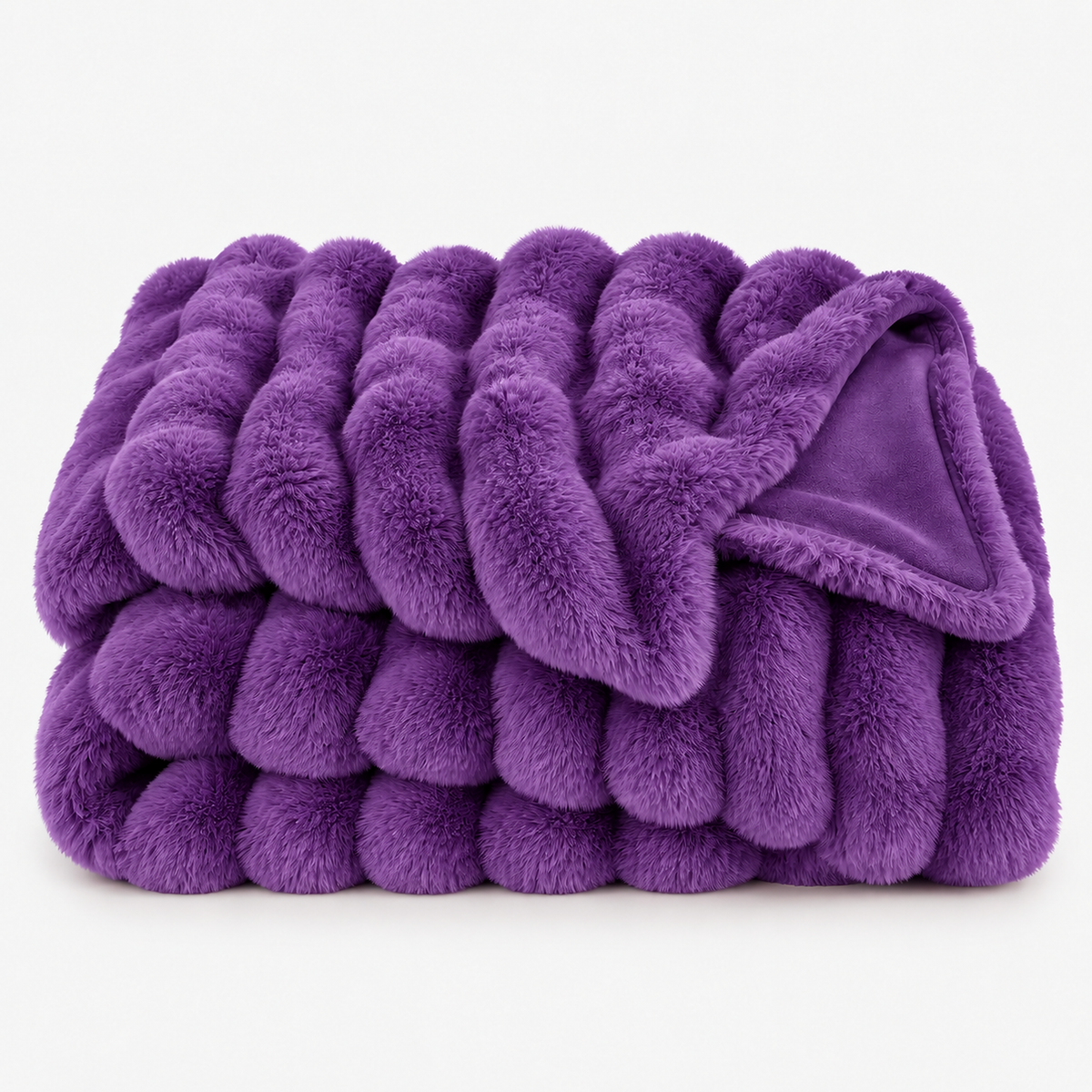 Vimarel purple faux fur throw blanket loosely folded with raised bubble fur rows #color_purple