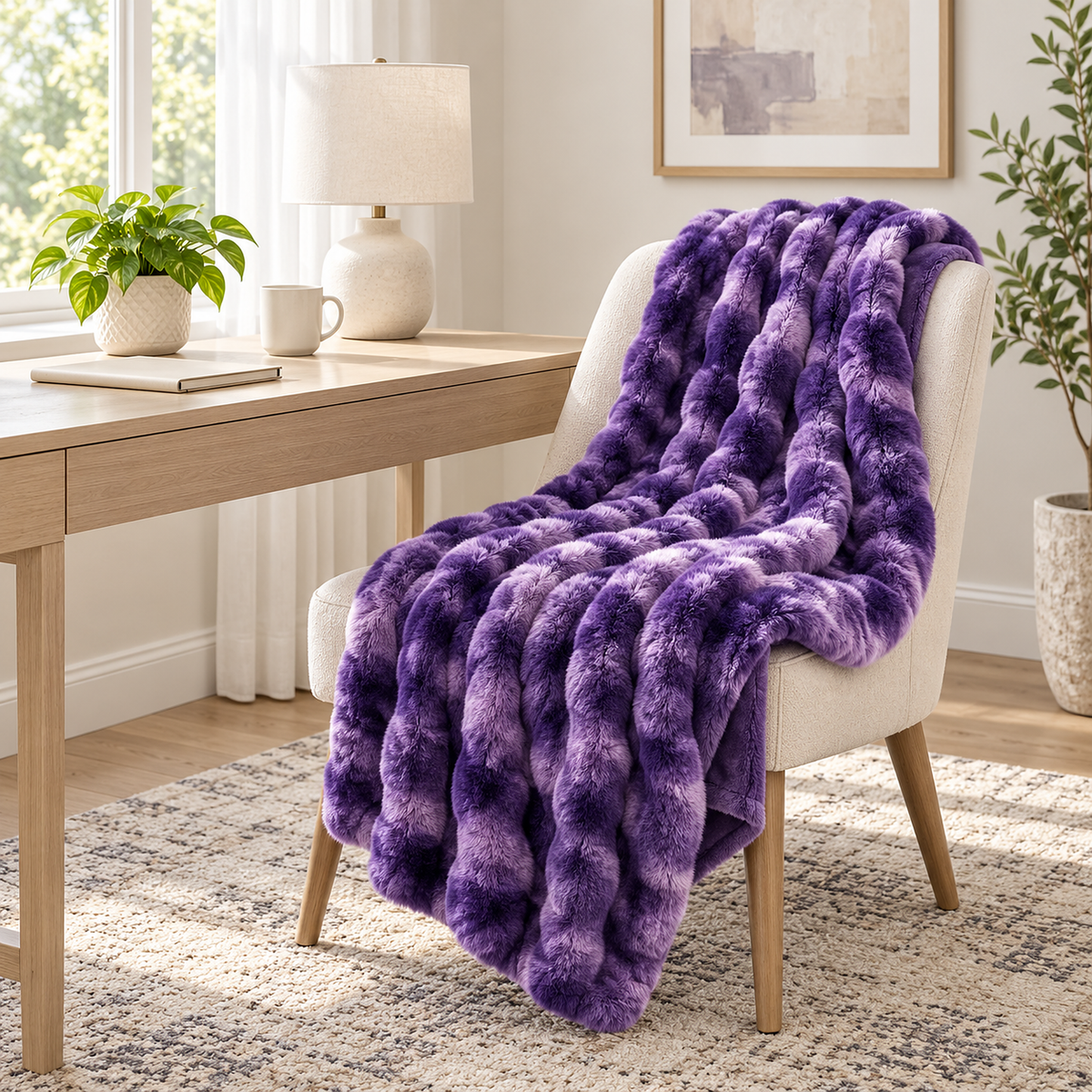 Vimarel purple soft throw blanket gathered on a chair seat for lap use beside a pale desk #color_purple