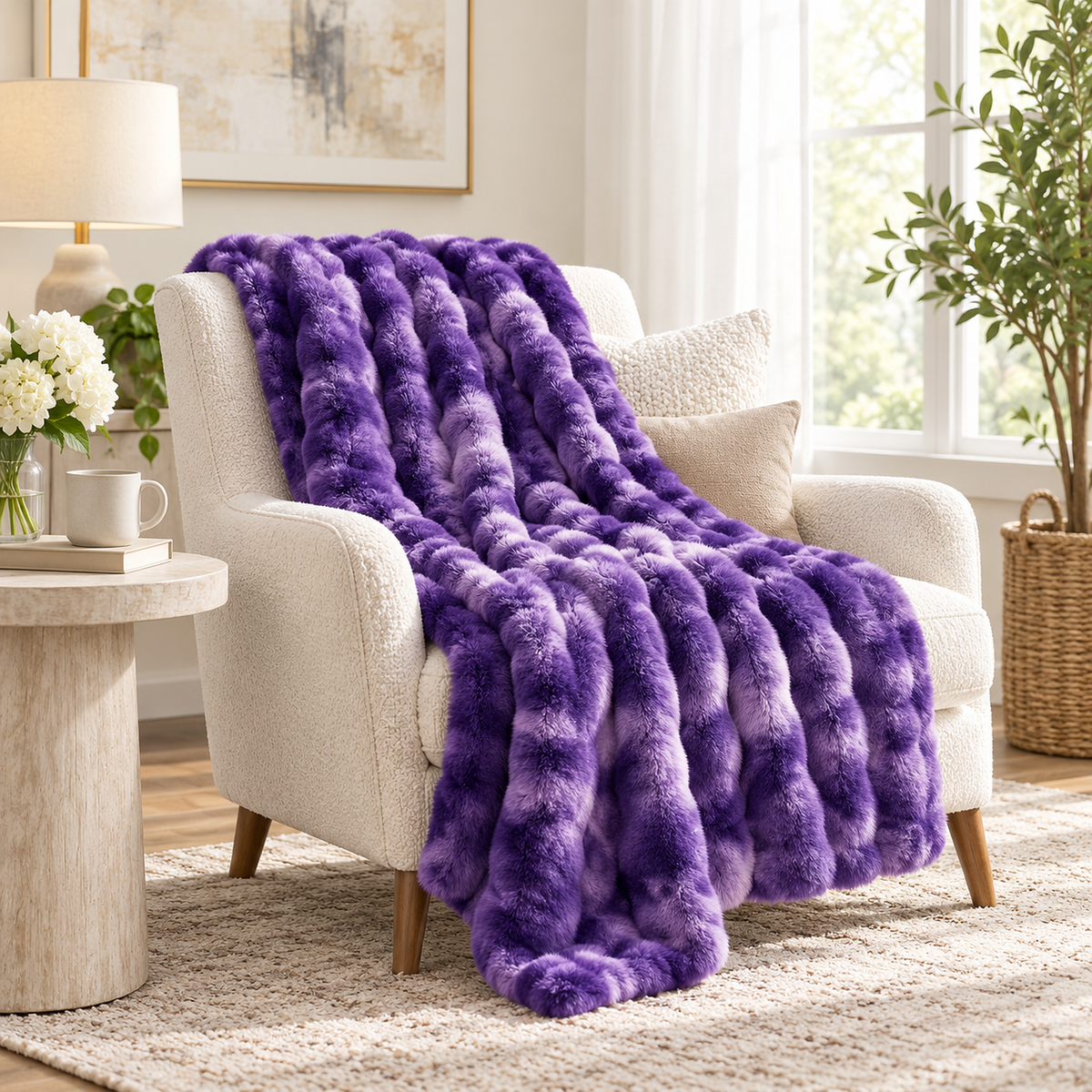 Vimarel purple throw blanket draped over an ivory lounge chair #color_purple