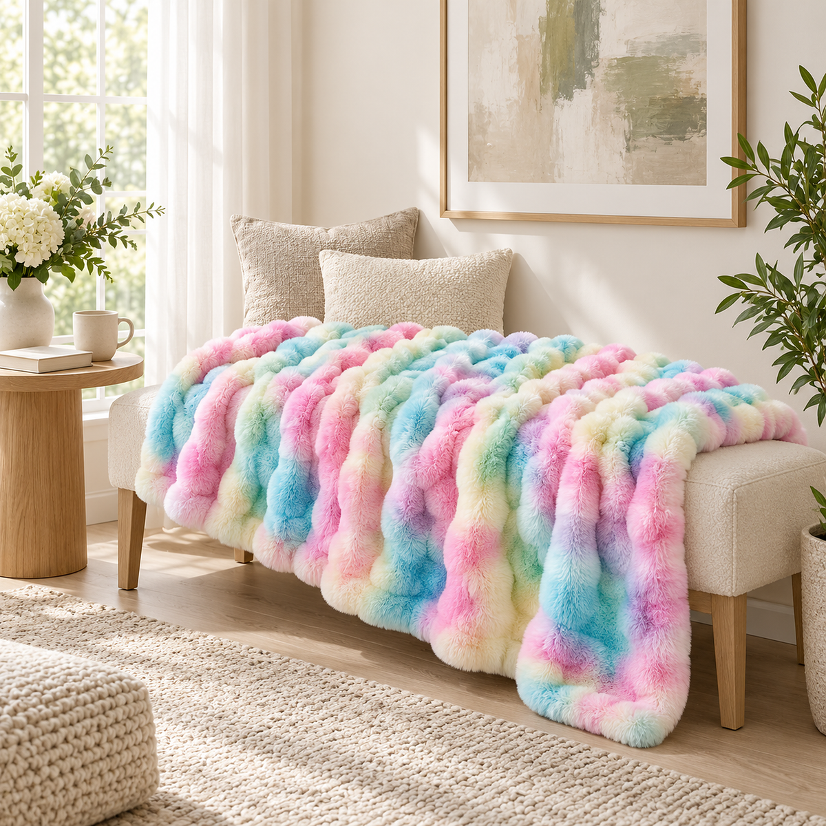 Vimarel tie dye rainbow fleece throw blanket spread open over an ivory bench in a gallery alcove #color_tie-dye rainbow