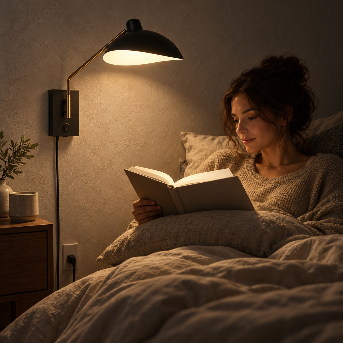 Vimolen black adjustable wall sconce used as a bedside lamp lighting a book for a reader in a guest alcove at night