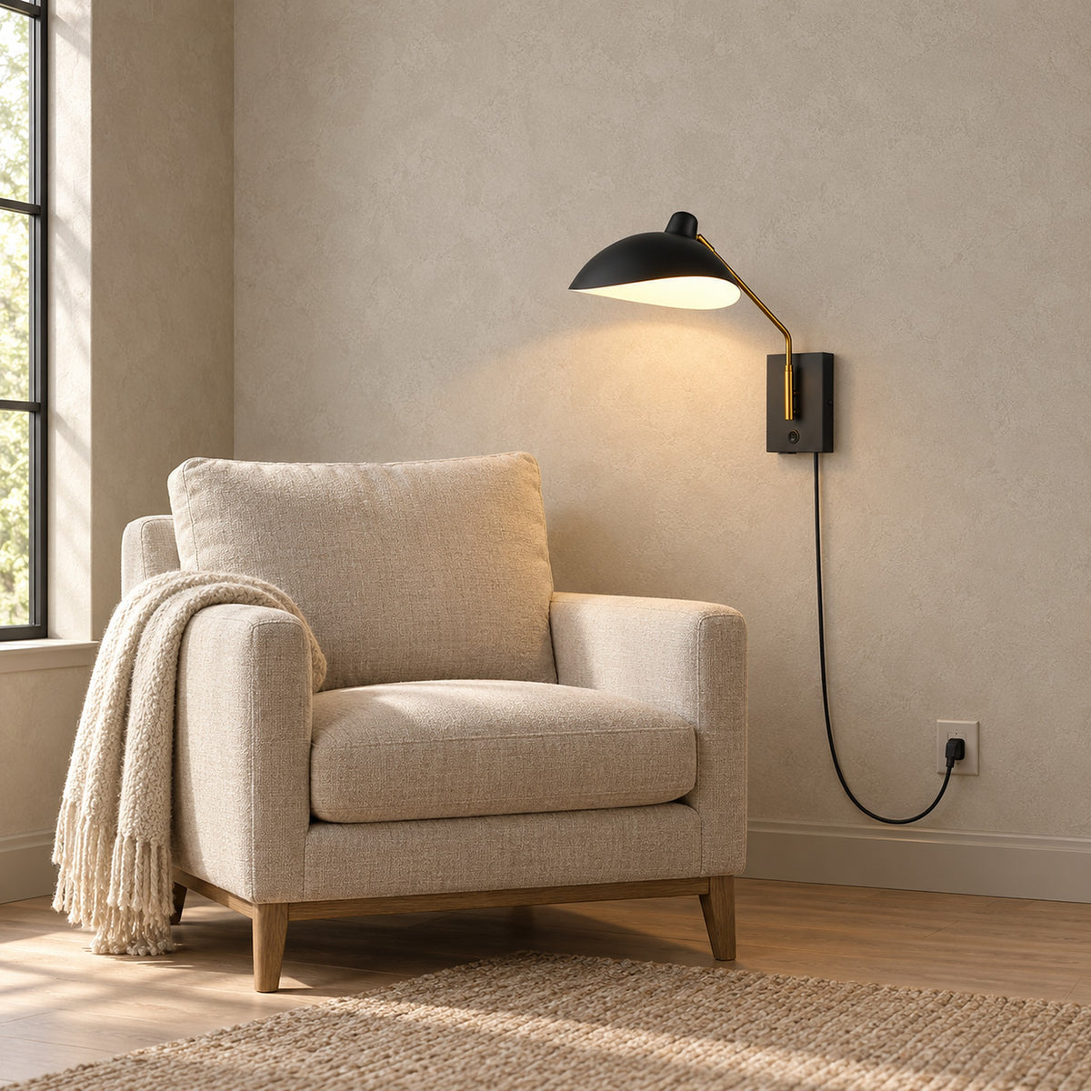 Vimolen black plug in wall light glowing beside an empty armchair in a bright living room