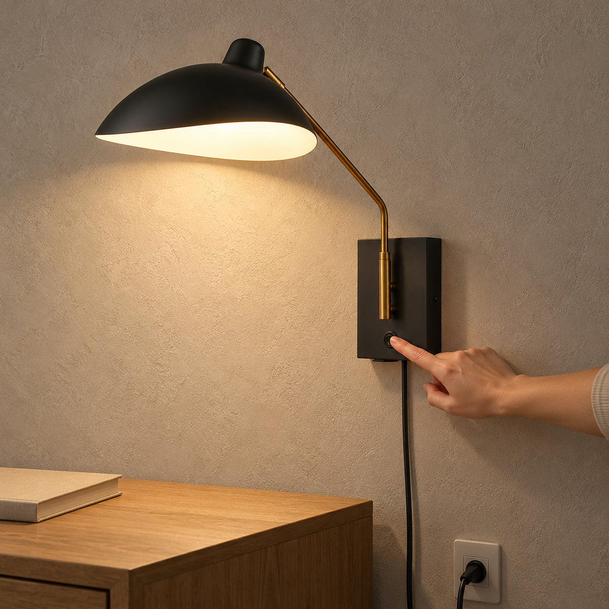 Vimolen black wall light with a fingertip pressing the switch on the backplate in a home office