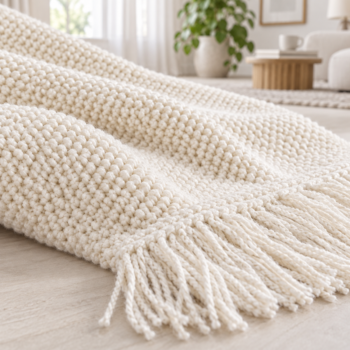 Volisen white chunky knit blanket close up showing the raised pebbled rows of the knitted fabric