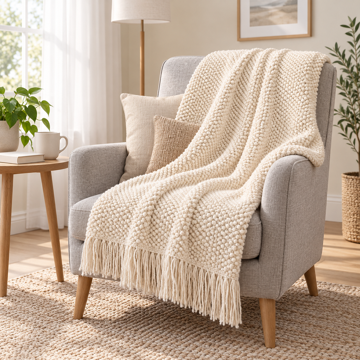 Volisen white chunky knit blanket falling in loose folds over an armchair in a library alcove