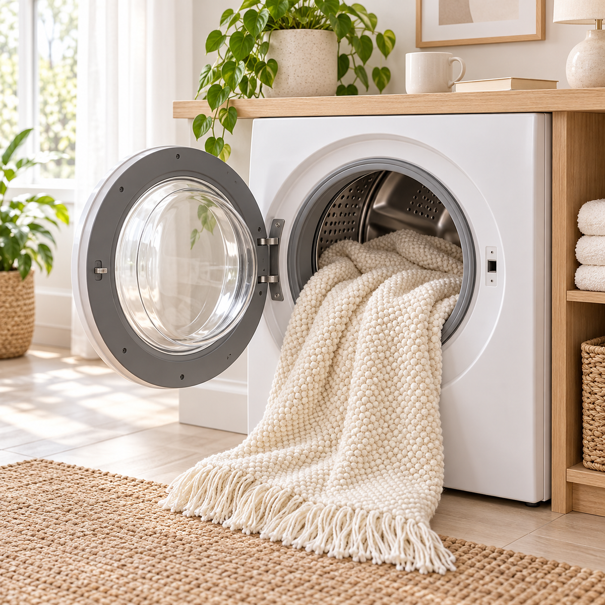 Volisen white knit throw blanket resting inside an open washing machine, ready for a machine wash