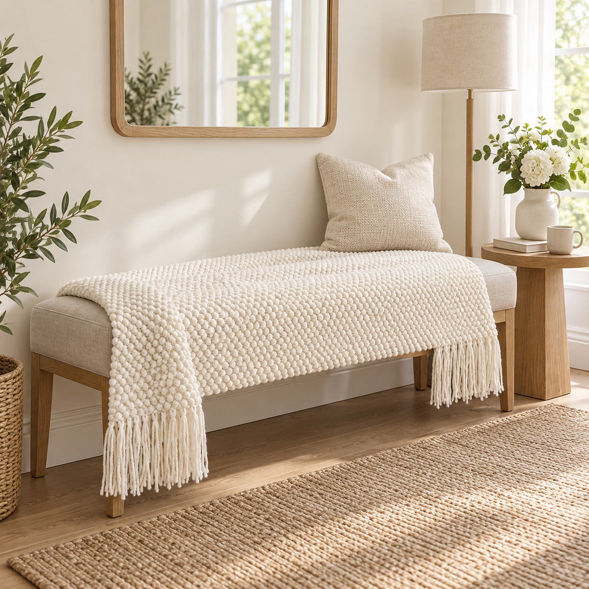 Volisen white soft throw blanket opened across an upholstered bench in a bright entry alcove