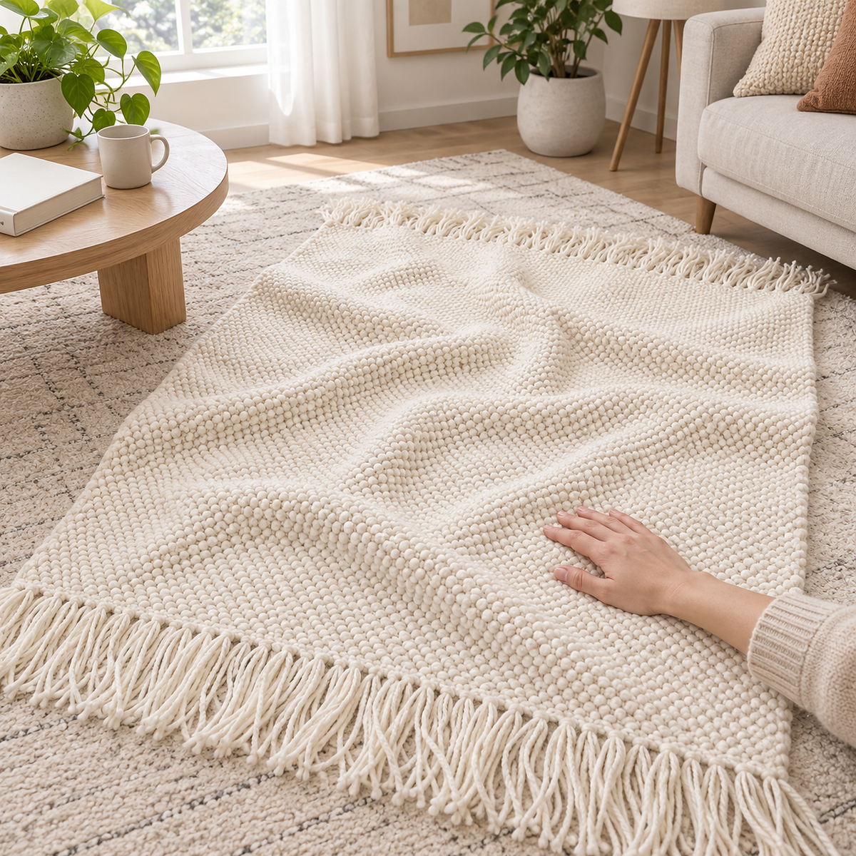 Volisen white soft throw blanket under a hand pressing into the raised knit rows