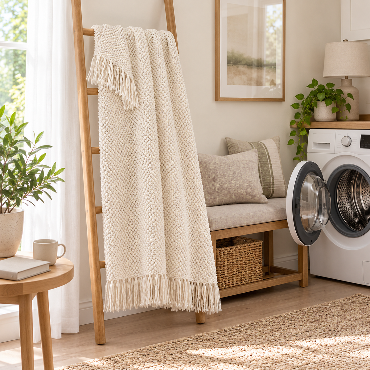 Volisen off white throw blanket for couch with tassel fringe hangs on a wooden ladder beside a washing machine