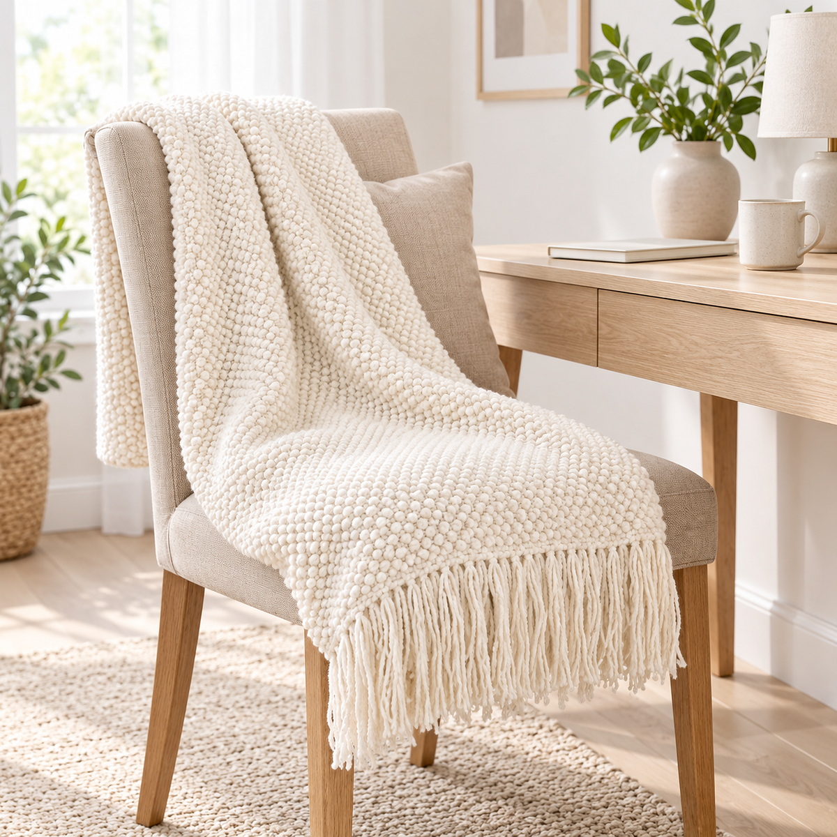 Volisen white throw blanket with tassel fringe hanging from a chair back in a writing nook