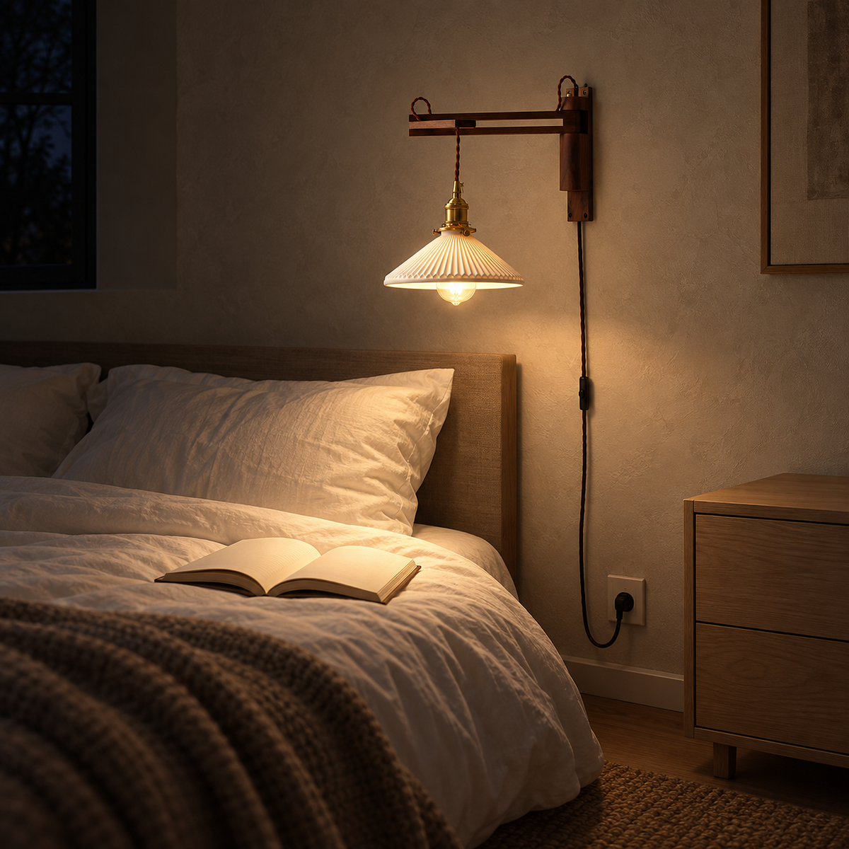 Vonelisa wood bedside lamp sconce reaching over an open book lit at night