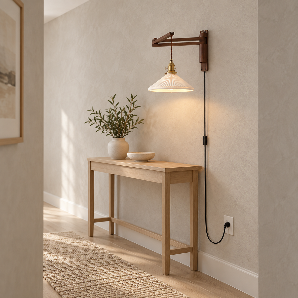 Vonelisa wood LED wall sconce lit in a hallway with the cord reaching an outlet
