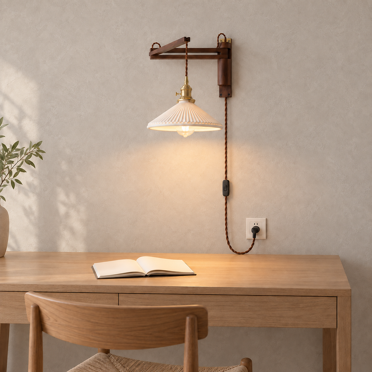 Vonelisa wood swing arm wall sconce in a study showing the cord run to the outlet