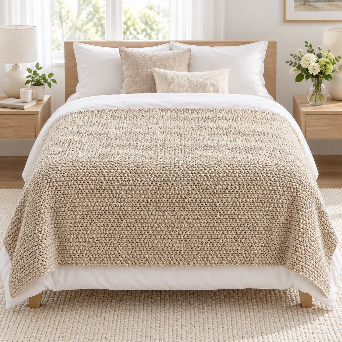 Vosarel beige soft throw blanket spread completely across a bed in a bright furnished bedroom