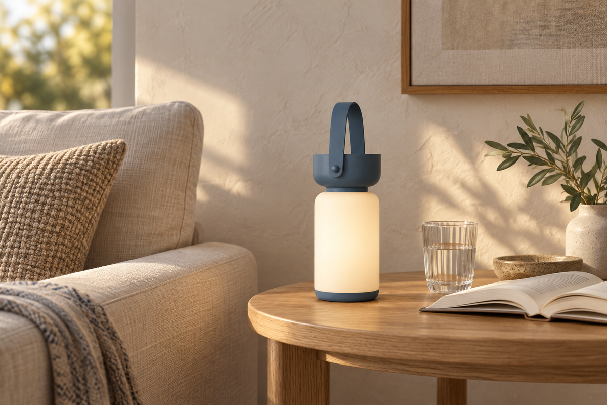 Blue cordless table lamp on an oak side table beside a linen sofa