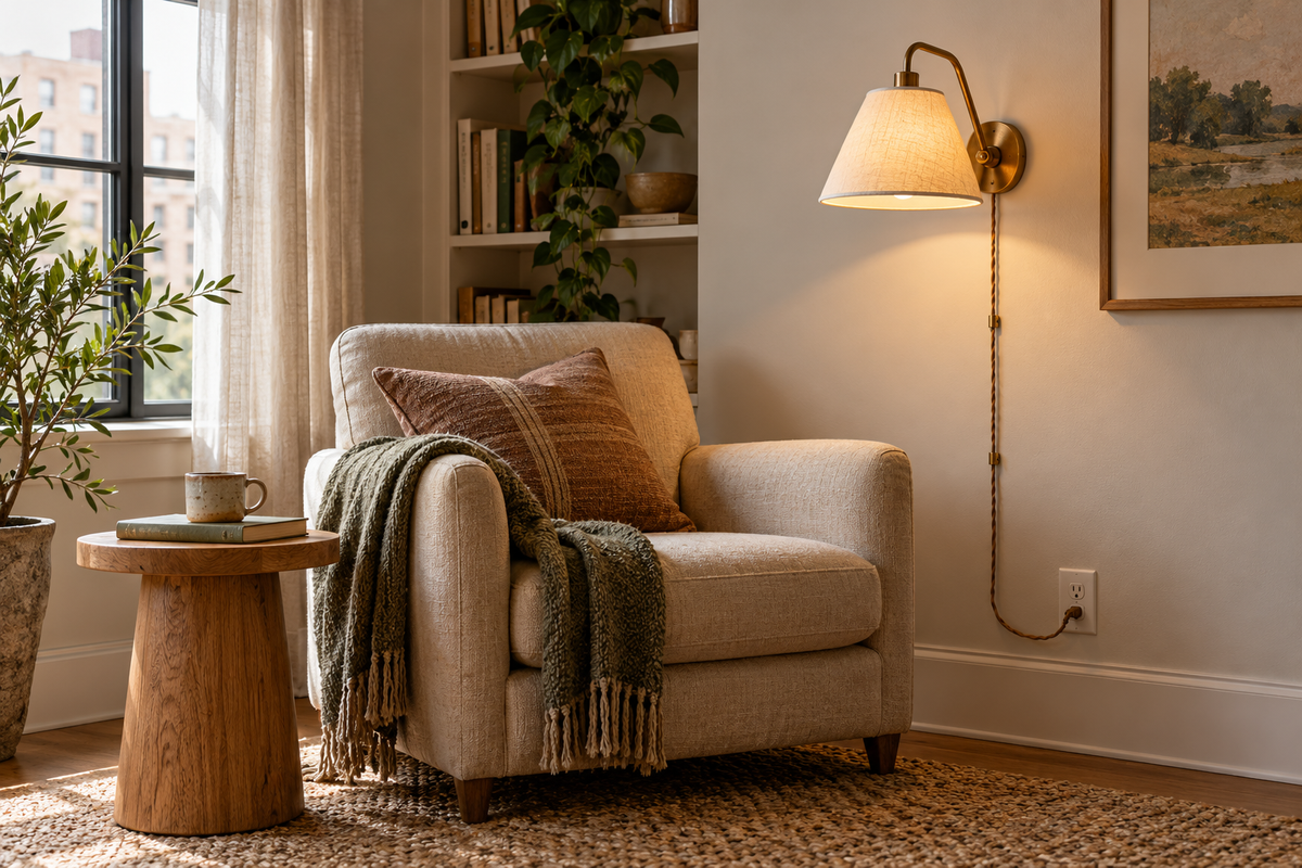 Plug-in wall sconce beside a reading chair, editorial illustration