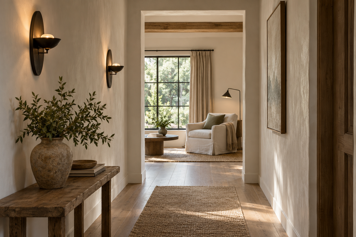 Hallway wall sconces viewed beside a sitting room, editorial illustration