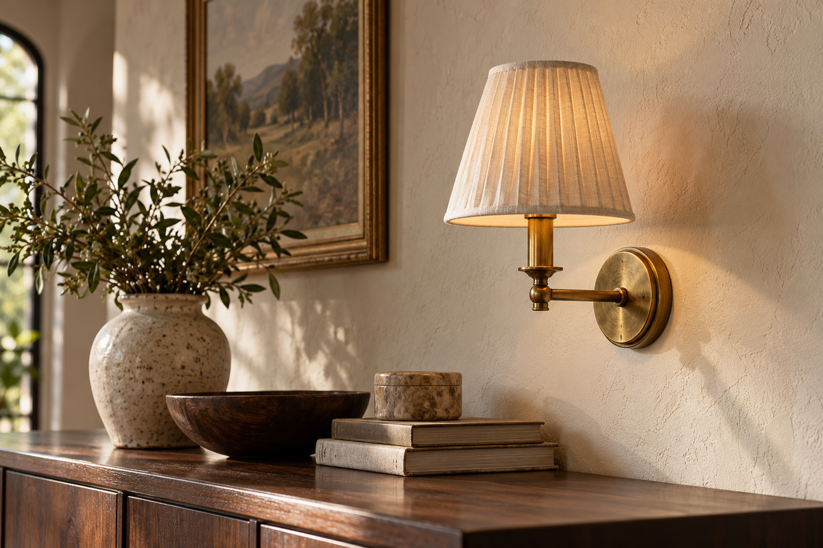 Close view of a shaded brass wall sconce, editorial illustration