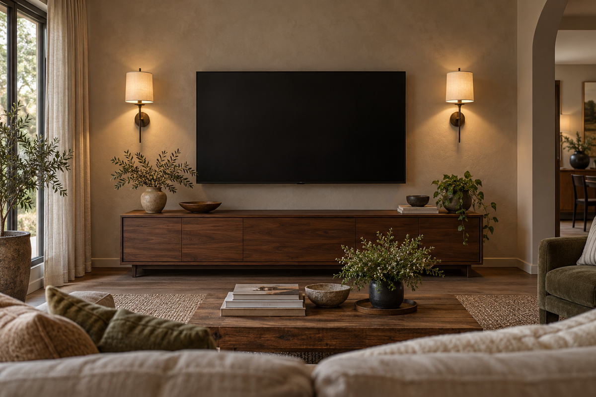 Shaded wall sconces beside a television, editorial illustration