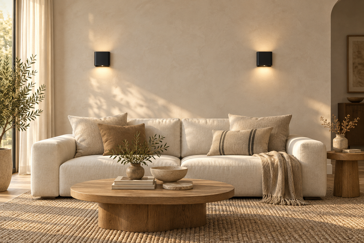 Black wall sconces casting warm light above a linen sofa