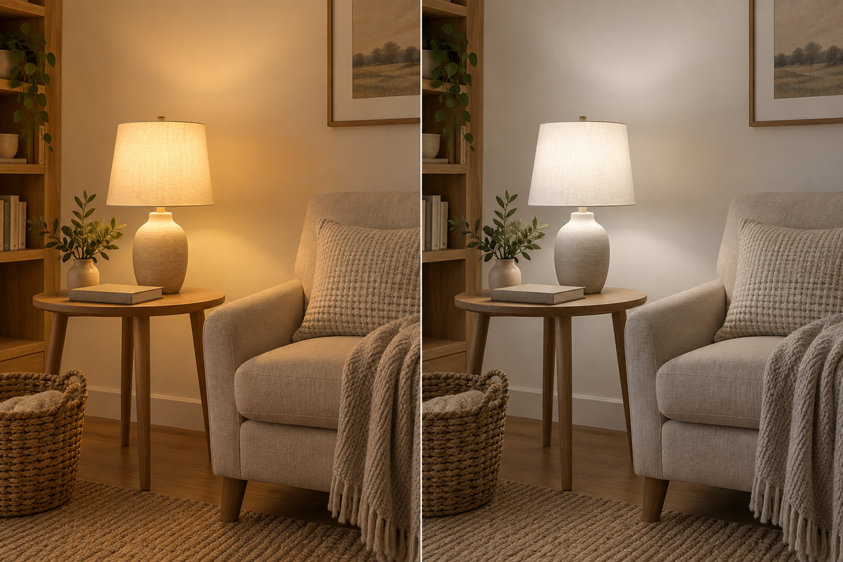 Two views of the same reading corner with warmer and cooler white light