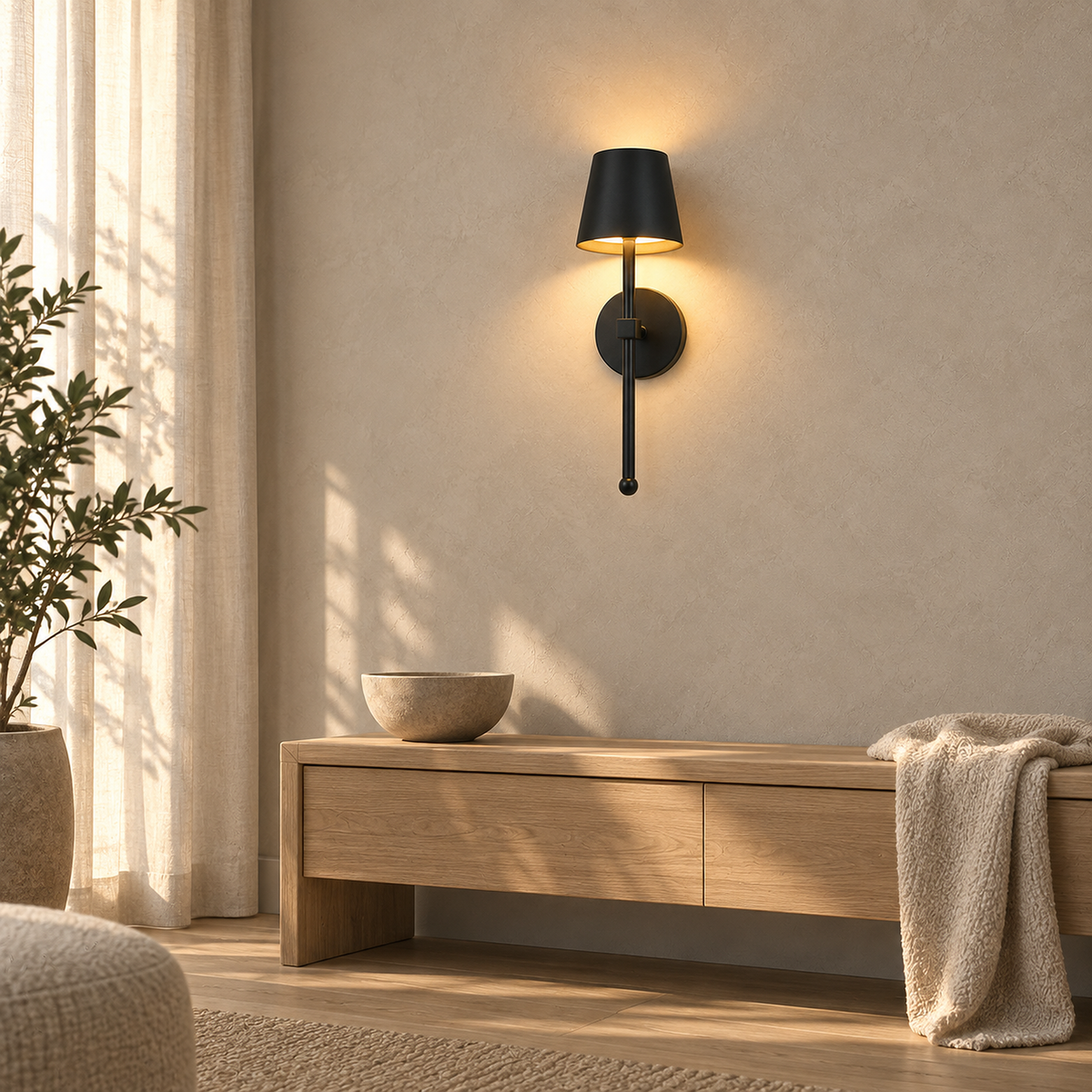 Loranno cordless wall sconce lit on a bare plaster wall with no cord or outlet in sight