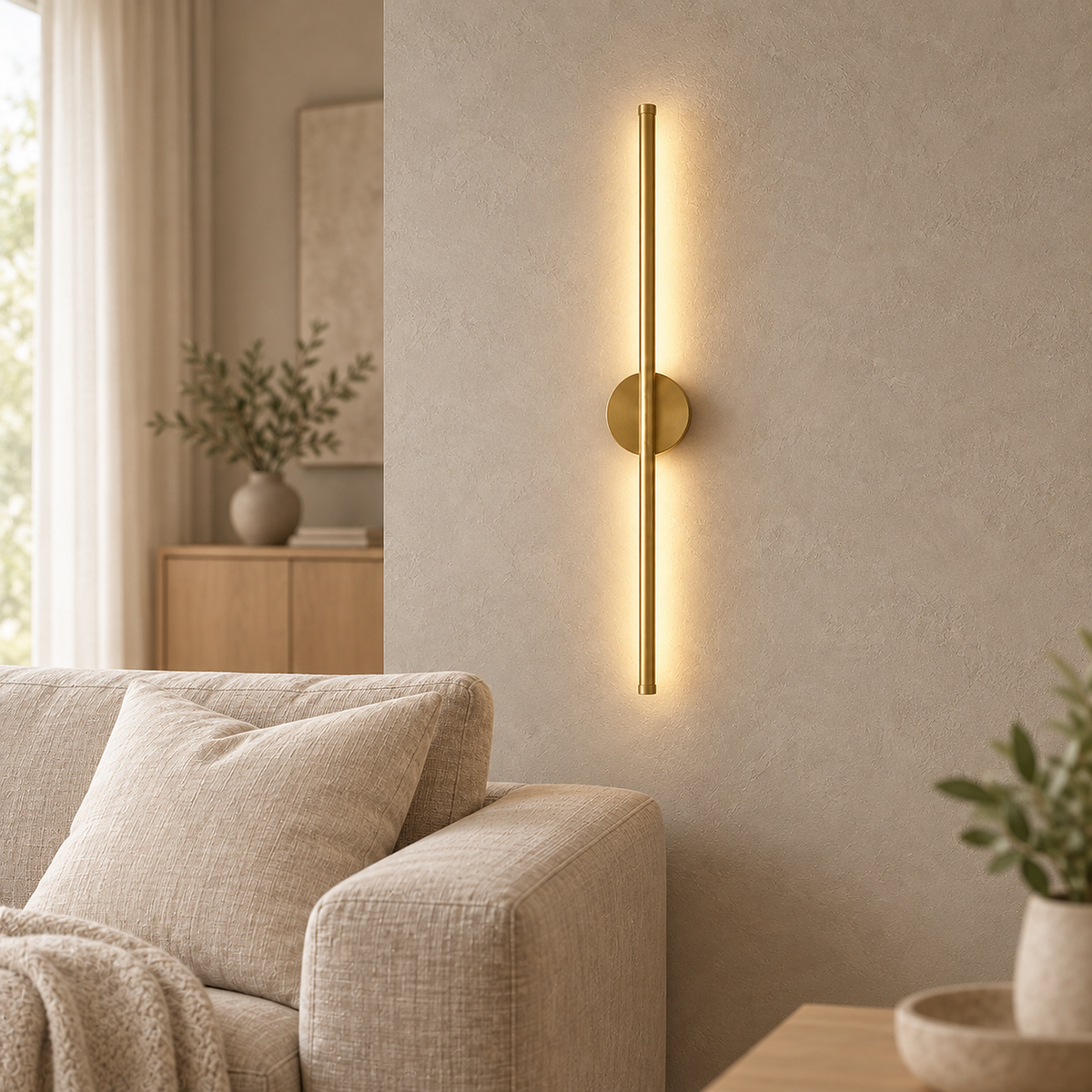 Gold Senolira wall sconce lit above the corner of a linen sofa in a living room
