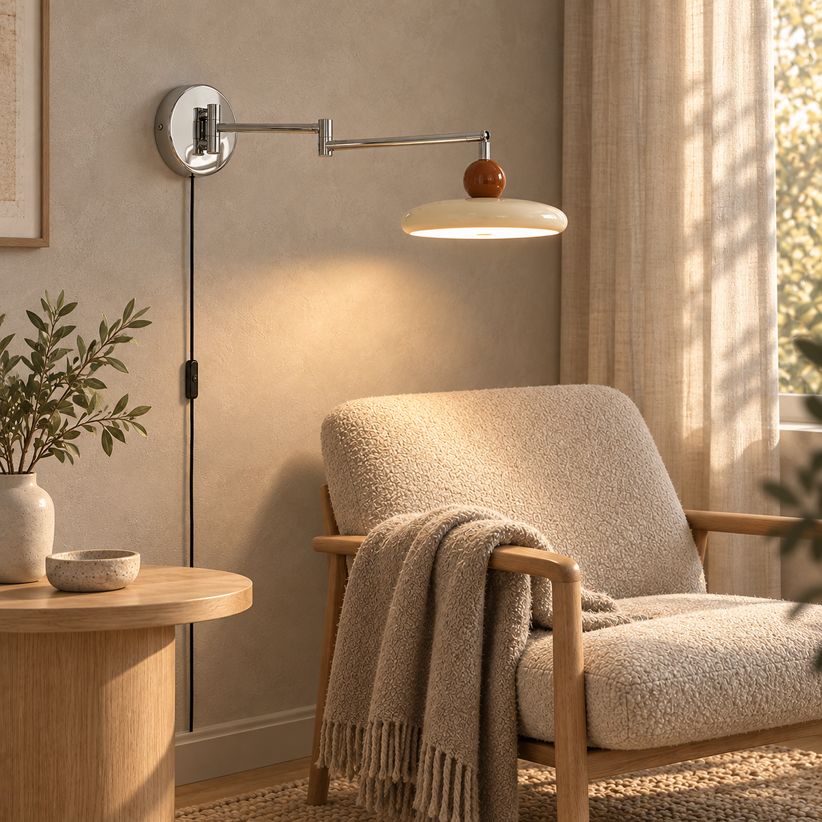 Tovessi swing arm wall lamp with its arm extended over a reading chair in daylight