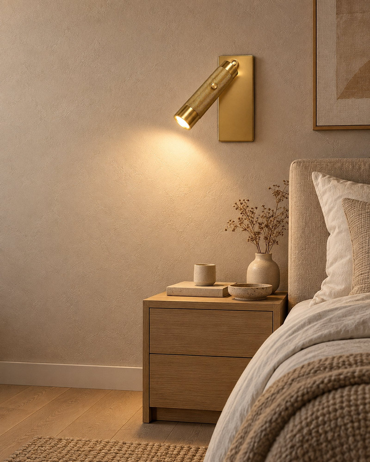 A brass wall sconce lit above a pale oak nightstand beside a made bed in the evening
