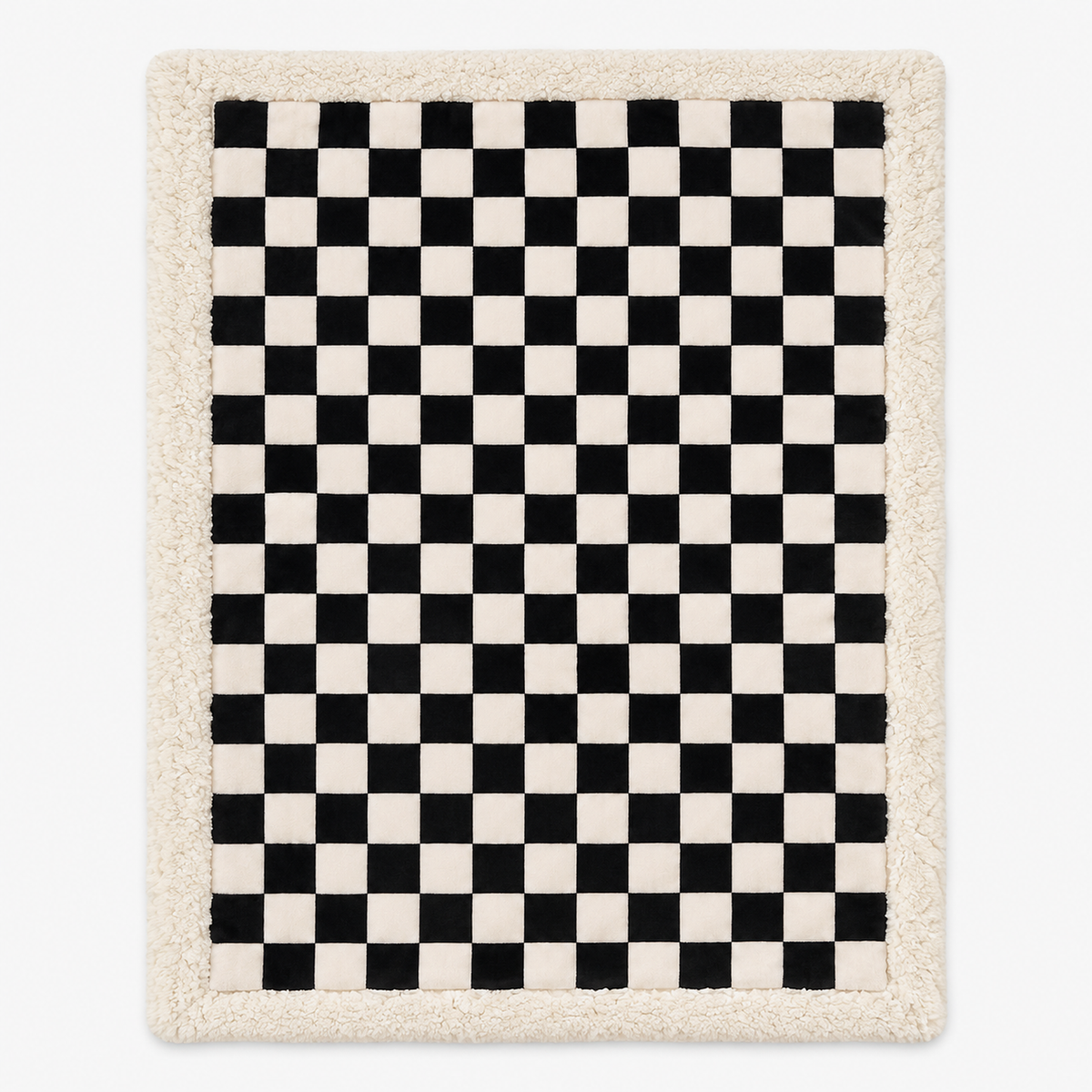Amelvi black checkered sherpa throw blanket laid fully open with a broad cream border around bold checks