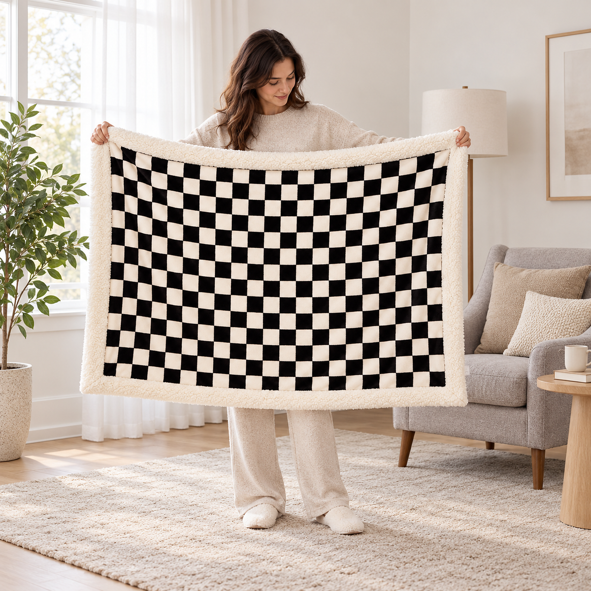 Amelvi black checkered throw blanket held fully open by a standing adult in a library nook