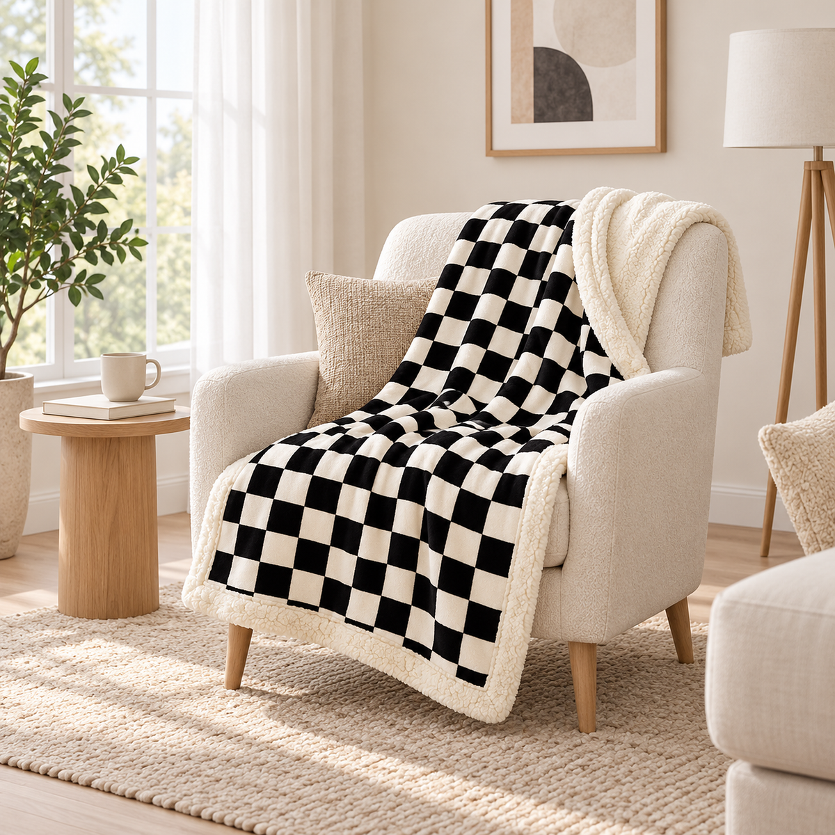Amelvi black fleece throw blanket in bold checks covering the seat of an ivory reading chair