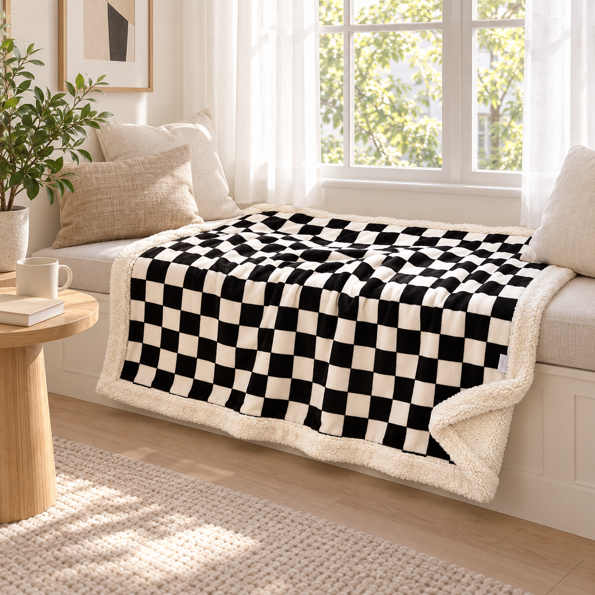 Amelvi black fleece throw blanket with bold checks laid open across a bay window seat