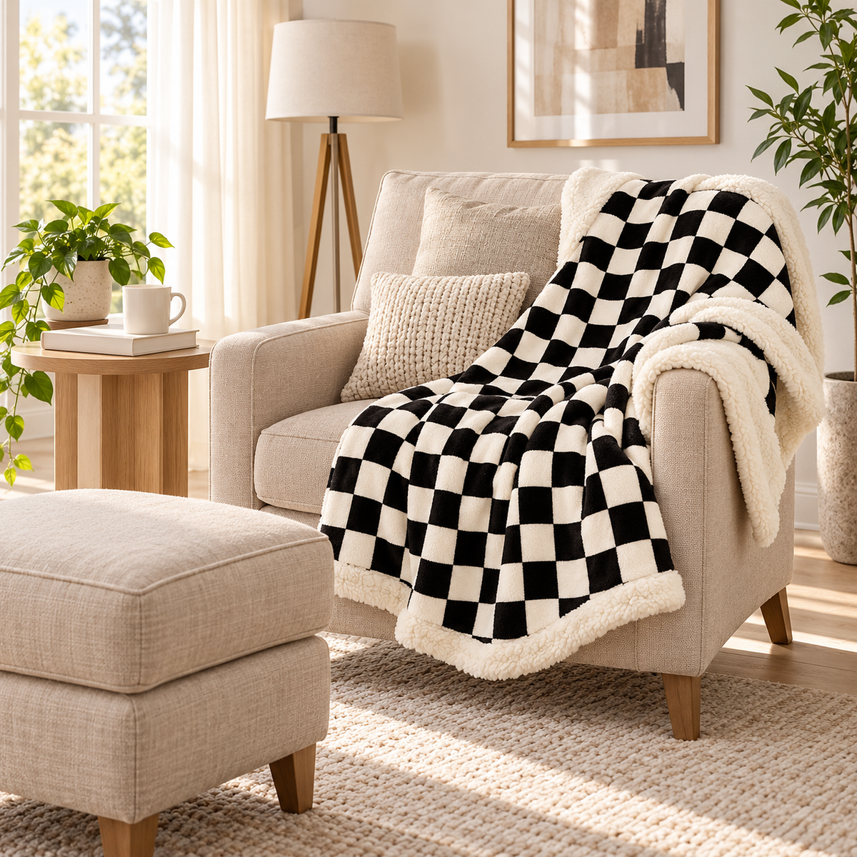 Amelvi Black reversible sherpa blanket with ivory checks and cream edging draped over an ivory armchair