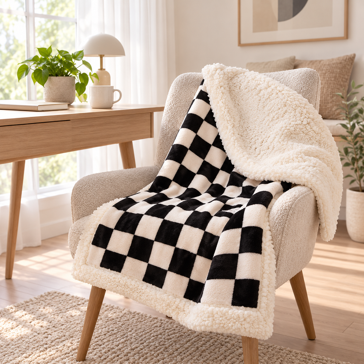 Amelvi black reversible sherpa blanket with one corner turned back to show curled cream sherpa