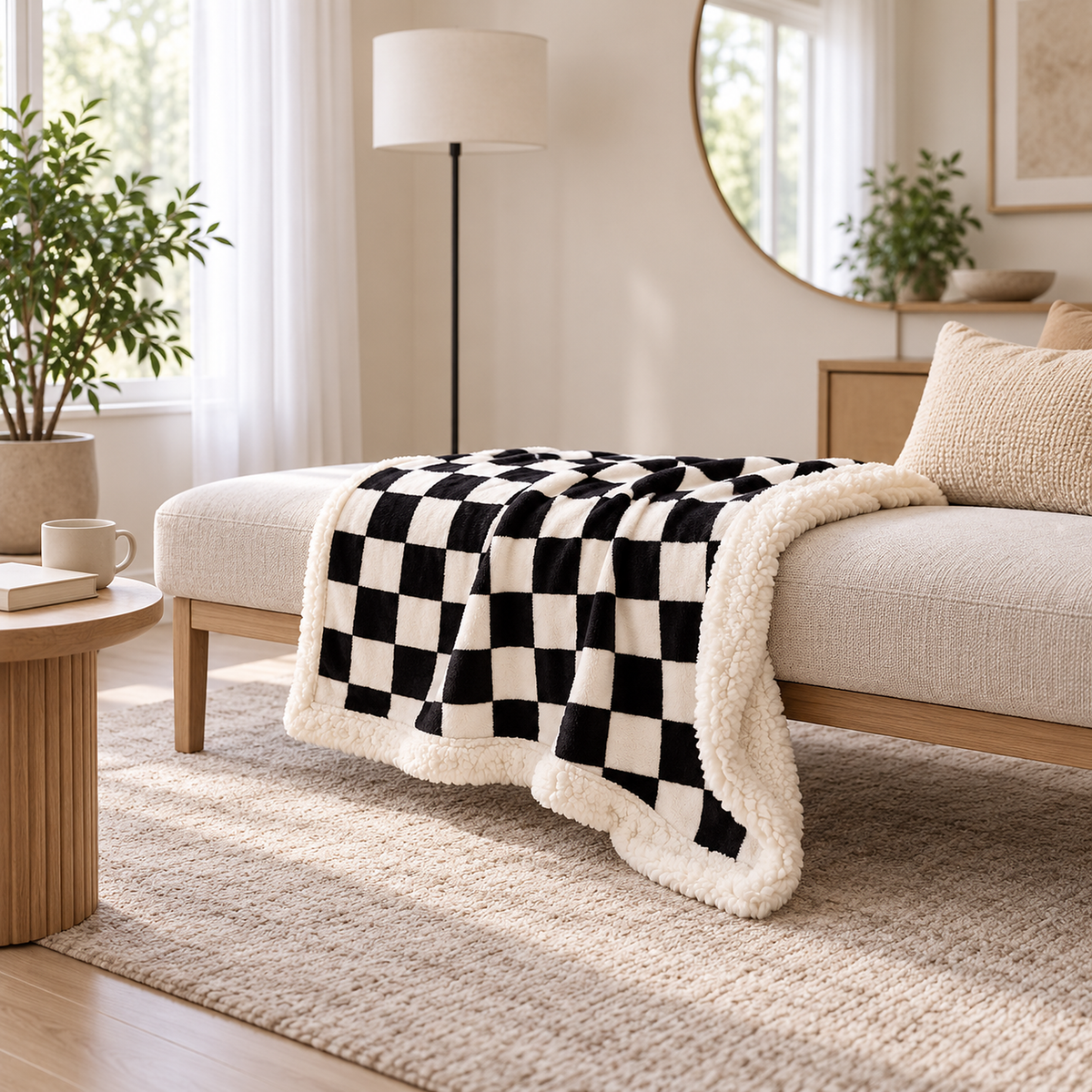 Amelvi black sherpa throw blanket edge falling over a bench to show its thickness