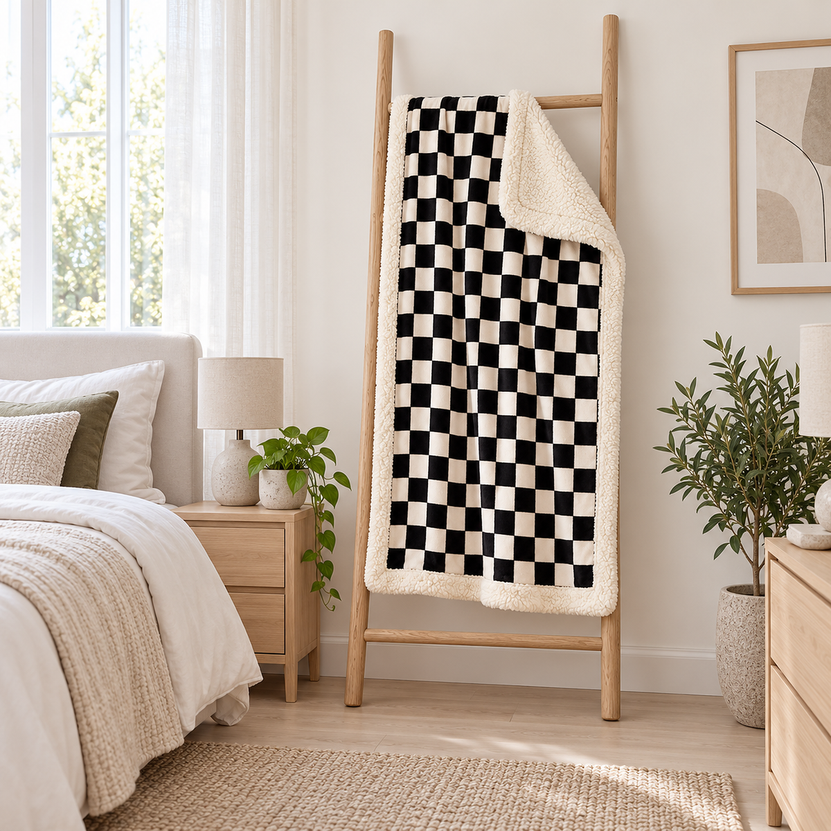 Amelvi black sherpa throw blanket hanging open and face forward on a wooden blanket ladder