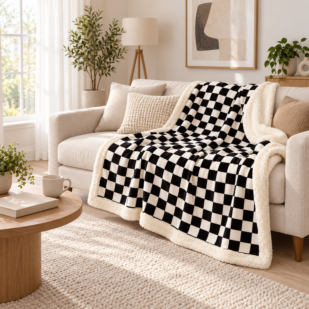Amelvi black sherpa throw blanket in bold checks laid open as a lap cover on a cushioned sofa