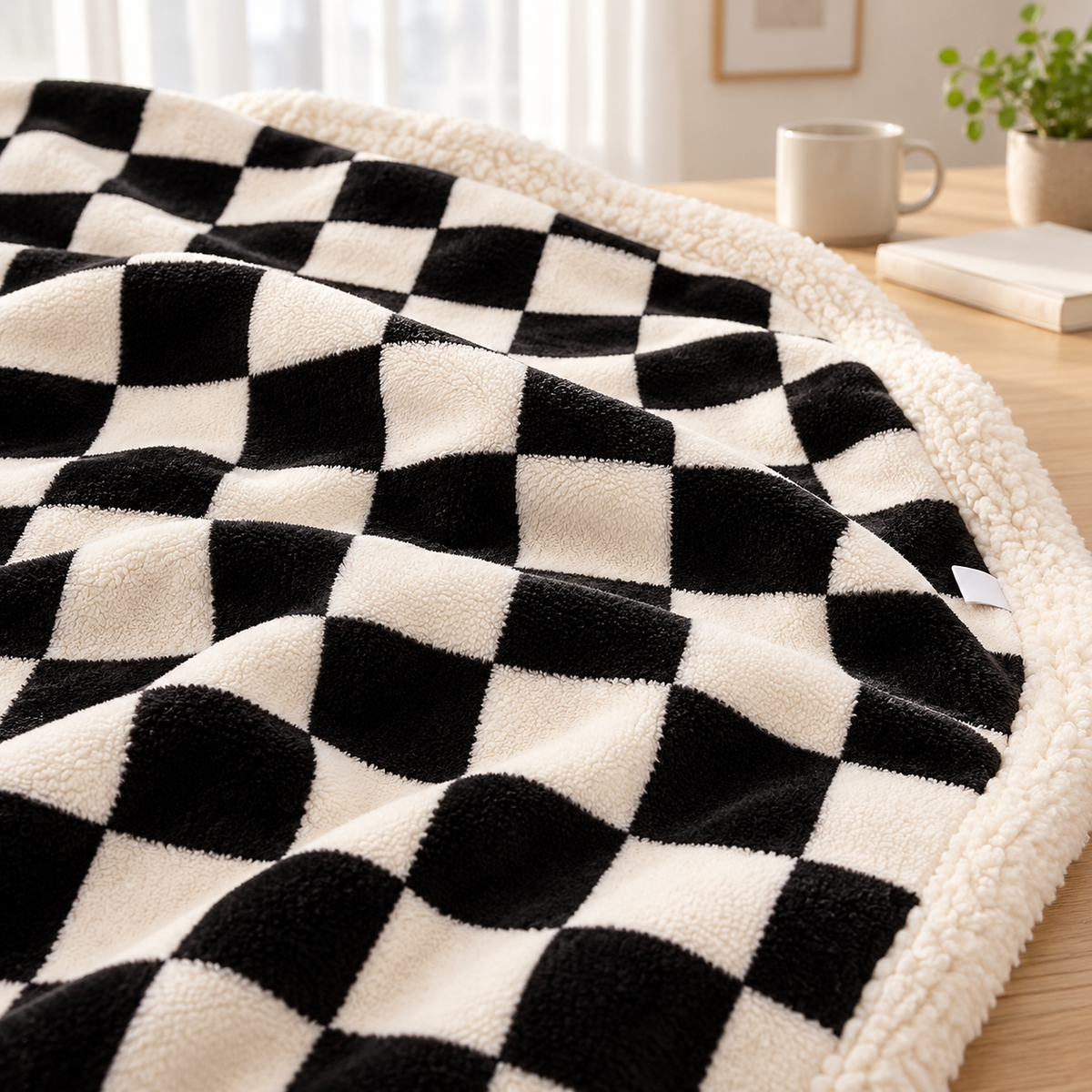 Amelvi black soft throw blanket close view showing the short plush pile of the checkerboard fleece