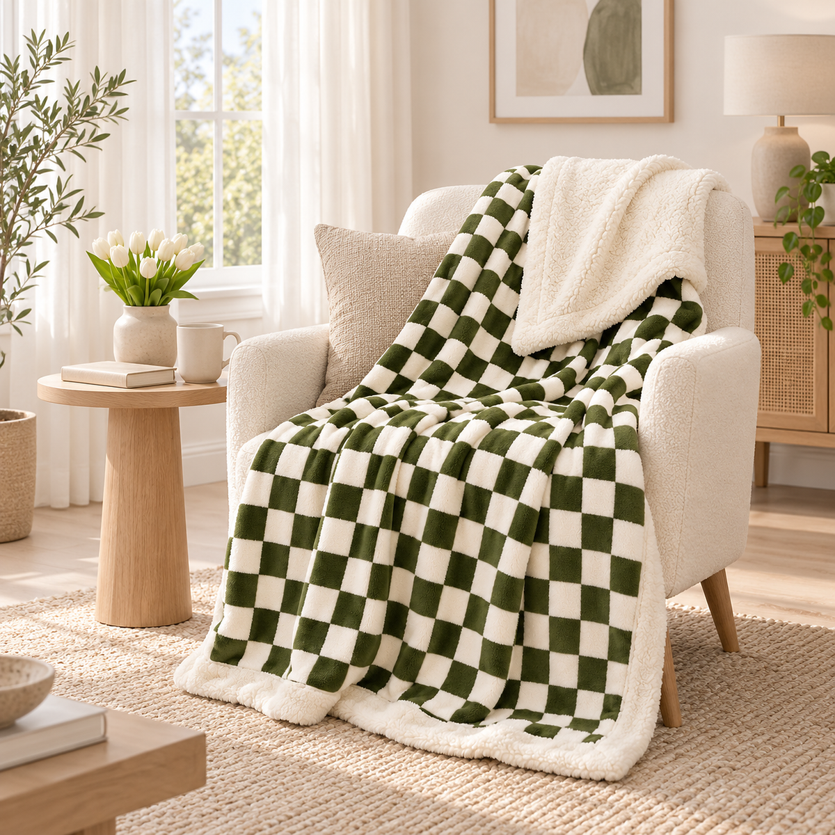 Amelvi green plush throw blanket in a checkerboard pattern draped over an ivory accent chair #color_green