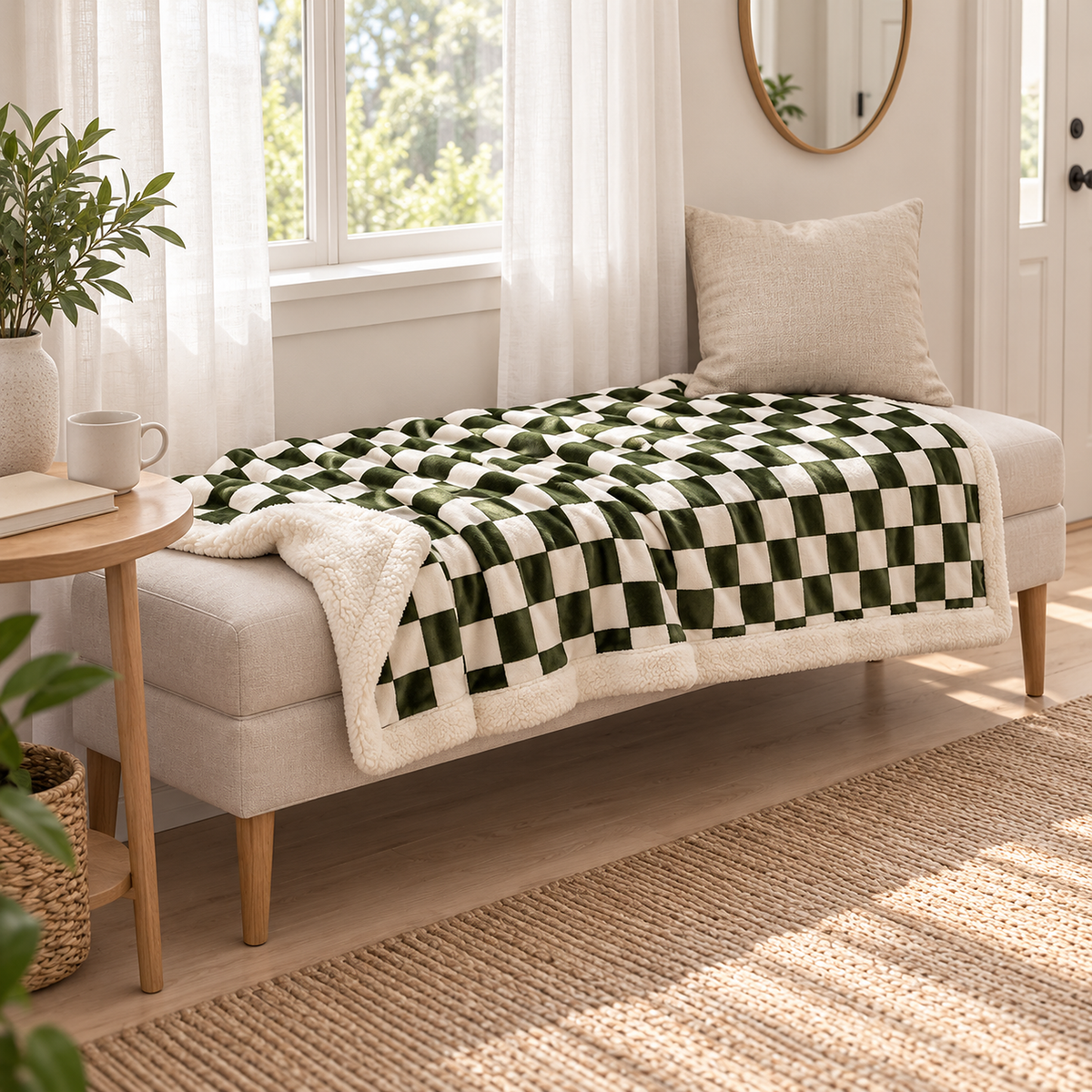 Amelvi green reversible sherpa blanket spread across a pale upholstered bench by a window #color_green