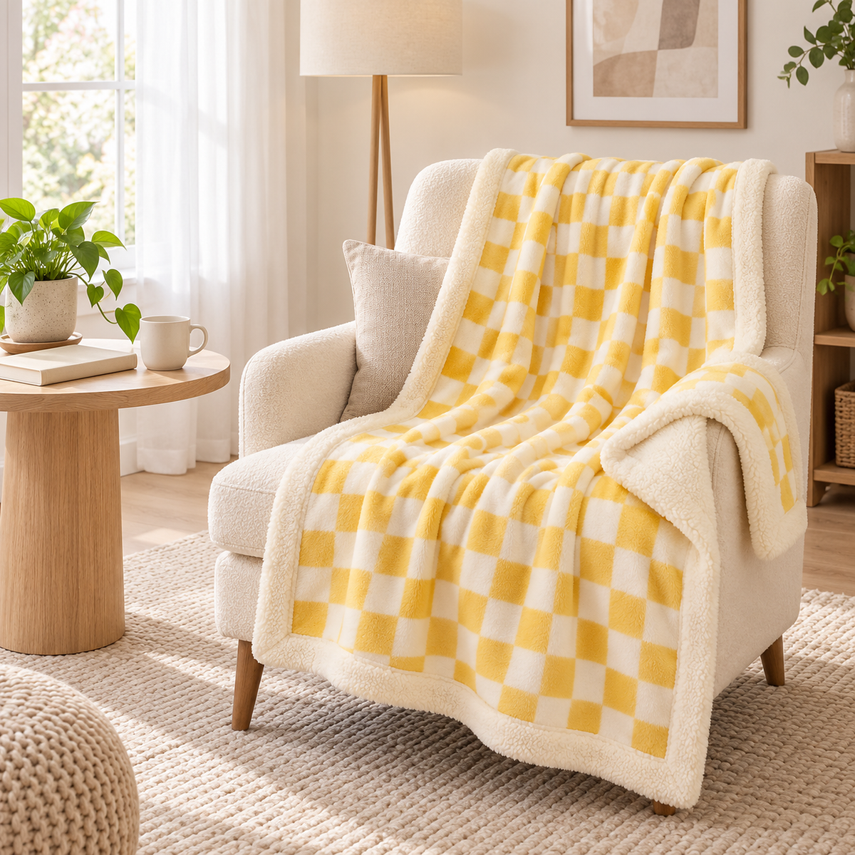 Amelvi yellow plush throw blanket with checkerboard fleece resting on an ivory reading chair #color_yellow